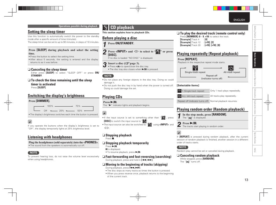 Cd playback, Before playing a disc, Playing cds | Playing repeatedly (repeat playback), Playing random order (random playback), Setting the sleep timer, Switching the display’s brightness, Listening with headphones | Marantz MCR603 User Manual | Page 19 / 56