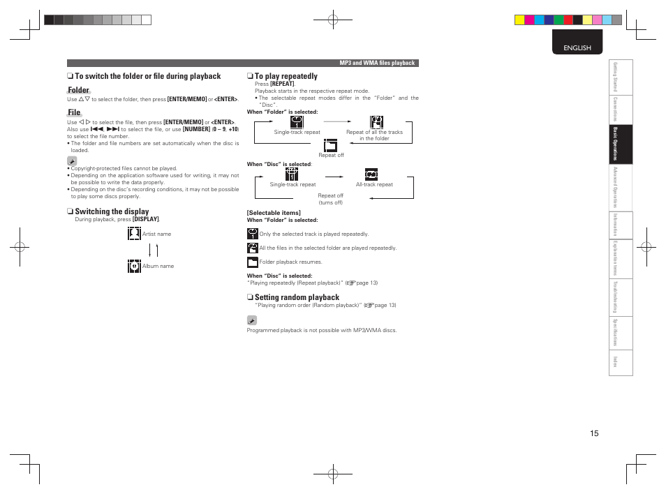 File, N switching the display, N to play repeatedly | N setting random playback | Marantz MCR603 User Manual | Page 21 / 56