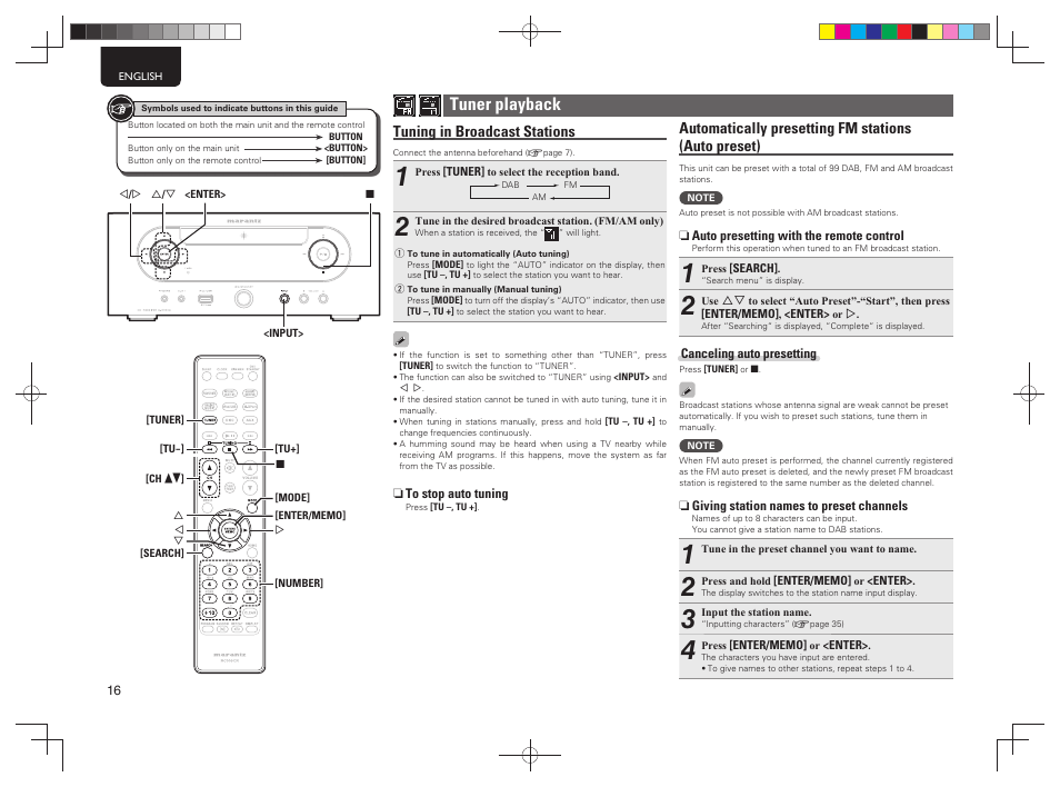 Tuner playback, Automatically presetting fm stations (auto preset), Tuning in broadcast stations | Marantz MCR603 User Manual | Page 22 / 56