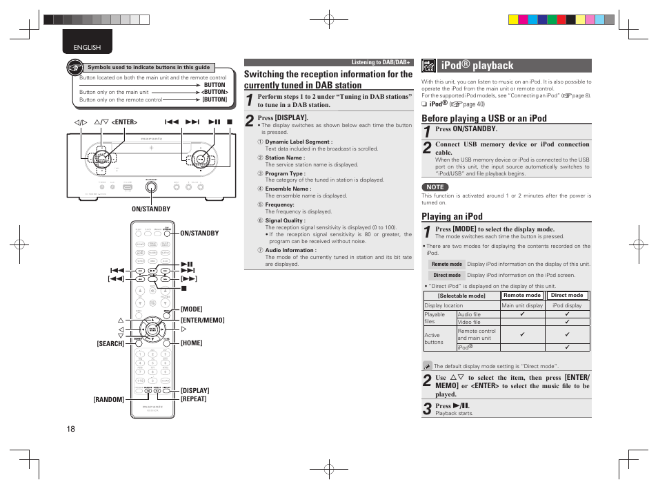 Ipod® playback, Before playing a usb or an ipod, Playing an ipod | Marantz MCR603 User Manual | Page 24 / 56