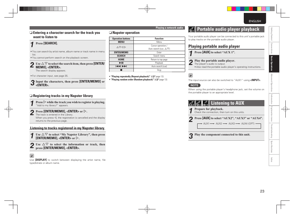 Portable audio player playback, Listening to aux | Marantz MCR603 User Manual | Page 29 / 56