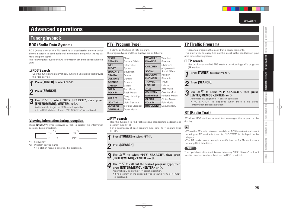 Advanced operations, Tuner playback, Pty (program type) | Rds (radio data system), Tp (trafﬁ c program), Rt (radio text) | Marantz MCR603 User Manual | Page 31 / 56