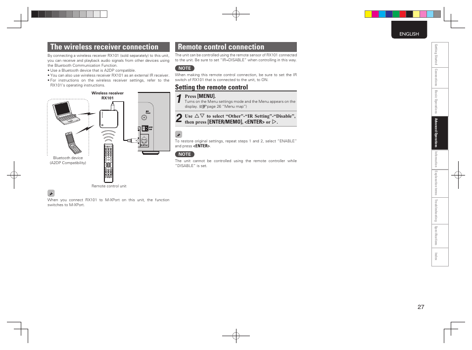 The wireless receiver connection, Remote control connection, Setting the remote control | Marantz MCR603 User Manual | Page 33 / 56