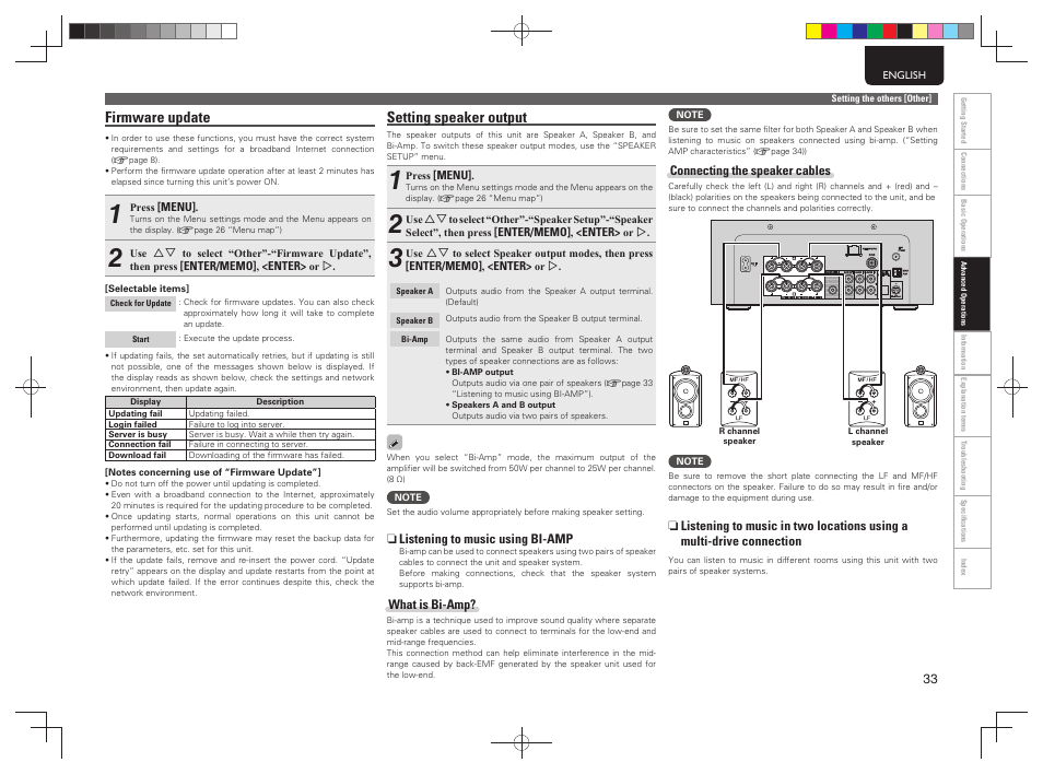 Firmware update, Setting speaker output | Marantz MCR603 User Manual | Page 39 / 56