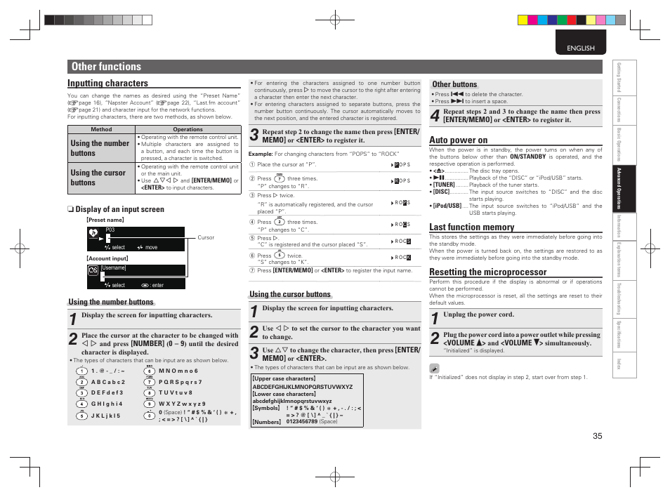 Other functions, Inputting characters, Auto power on | Resetting the microprocessor | Marantz MCR603 User Manual | Page 41 / 56