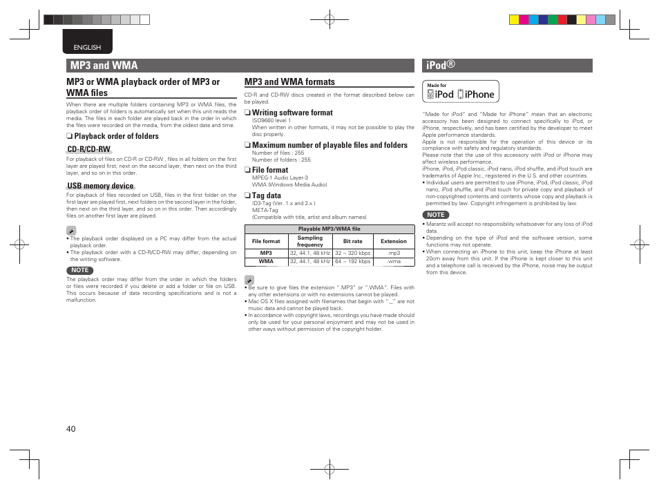 Ipod, Mp3 and wma, Mp3 or wma playback order of mp3 or wma ﬁ les | Mp3 and wma formats | Marantz MCR603 User Manual | Page 46 / 56