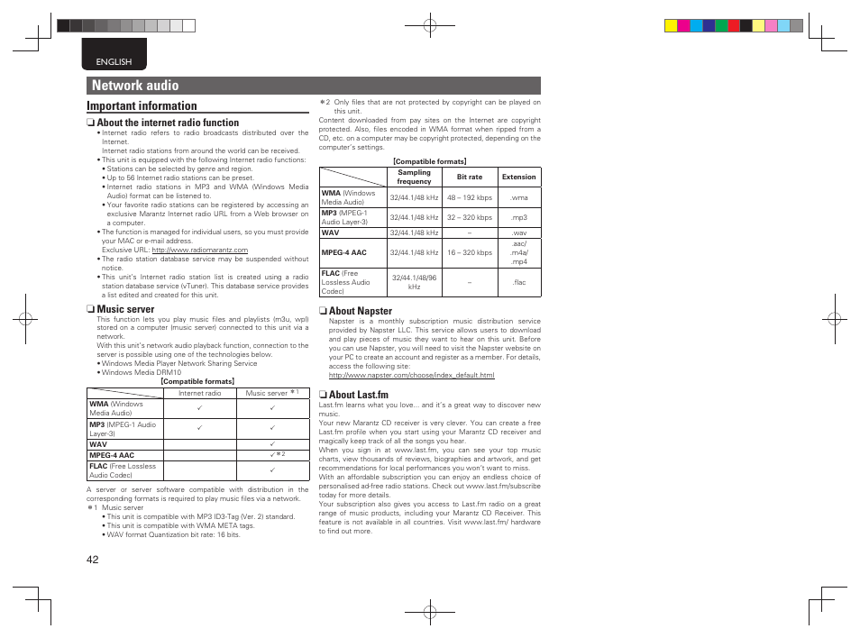 Network audio, Important information, N about the internet radio function | N music server, N about napster, N about last.fm | Marantz MCR603 User Manual | Page 48 / 56