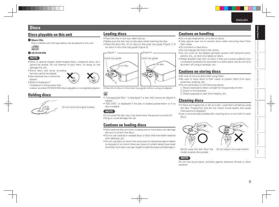 Discs, Discs playable on this unit, Holding discs | Loading discs, Cautions on loading discs, Cautions on handling, Cautions on storing discs, Cleaning discs | Marantz MCR603 User Manual | Page 9 / 56