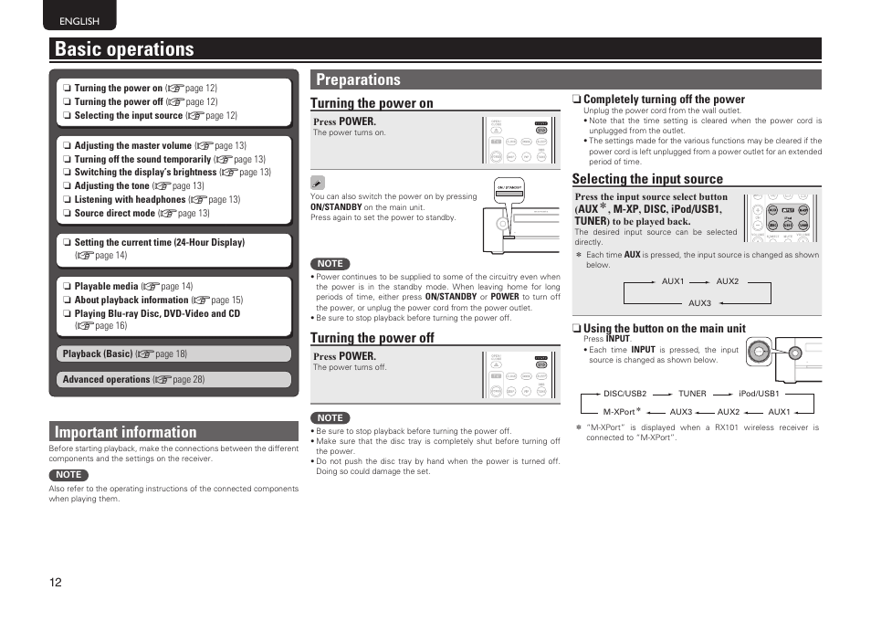 Basic operations, Important information, Preparations | Selecting the input source, Turning the power on, Turning the power off | Marantz MER803 User Manual | Page 18 / 60