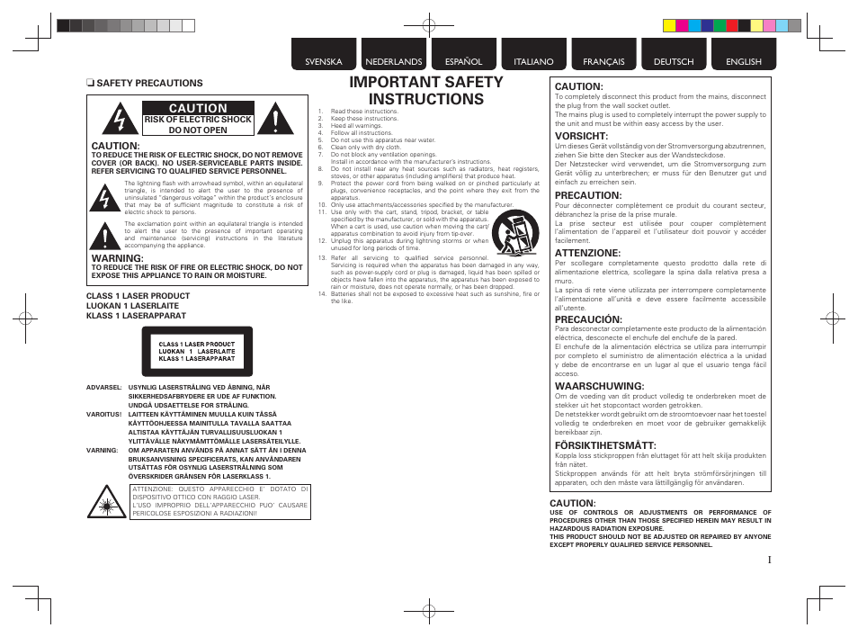 Important safety instructions, Caution | Marantz MCR503 User Manual | Page 2 / 43