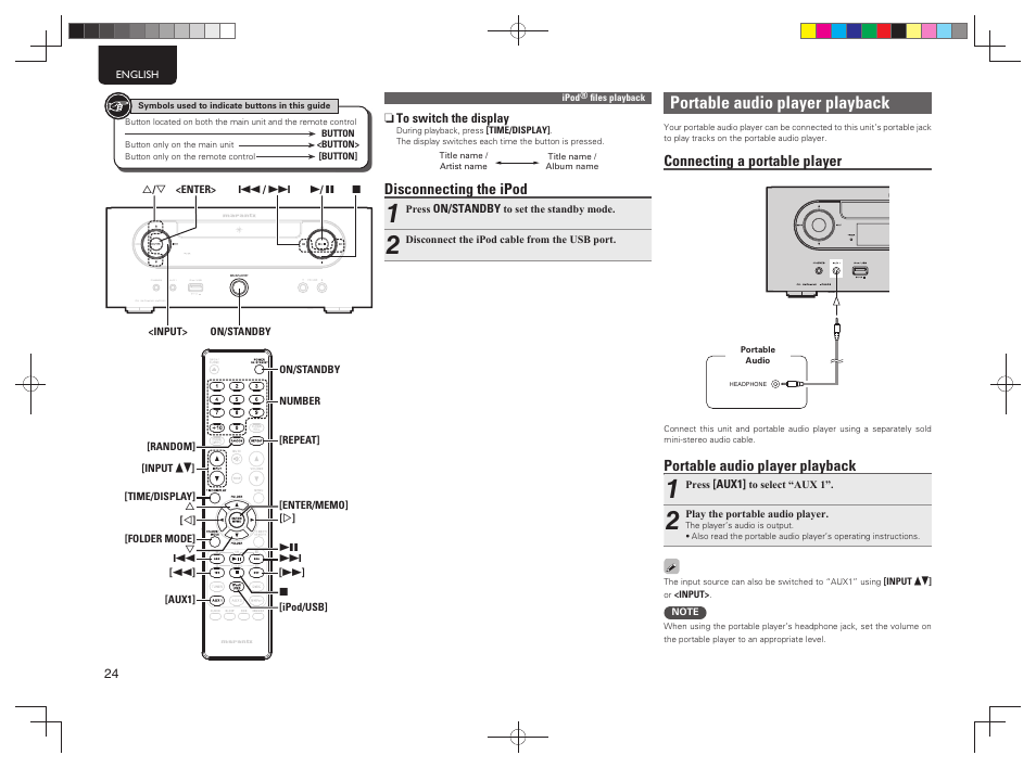 Portable audio player playback, Connecting a portable player, Disconnecting the ipod | Marantz MCR503 User Manual | Page 29 / 43