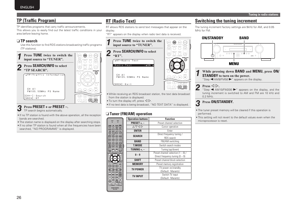 Tp (traffic program), Rt (radio text), Switching the tuning increment | Marantz NR1601 User Manual | Page 32 / 88