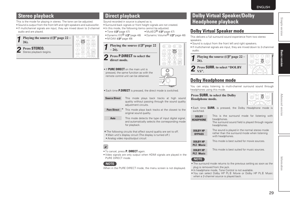 Stereo playback, Direct playback, Dolby virtual speaker/dolby headphone playback | Dolby virtual speaker mode, Dolby headphone mode | Marantz NR1601 User Manual | Page 35 / 88