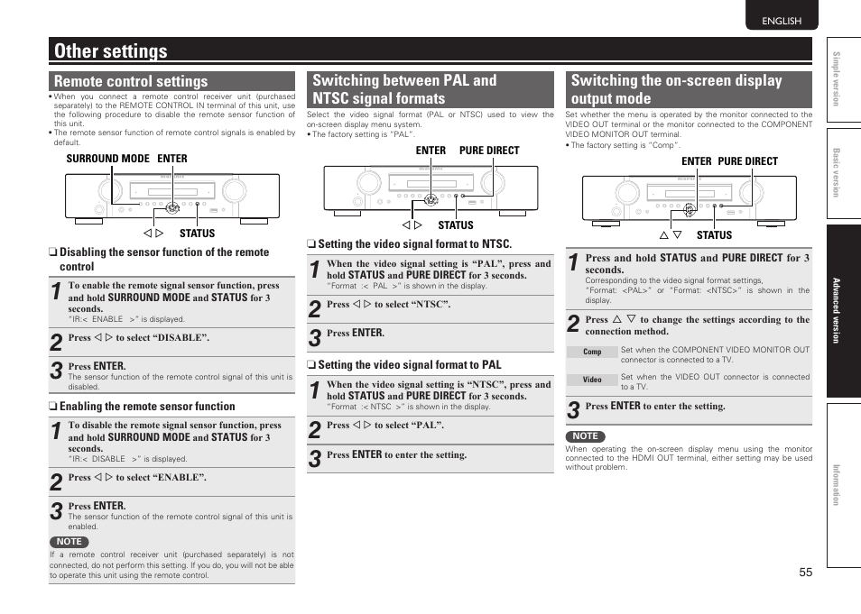 Other settings, Remote control settings, Switching between pal and ntsc signal formats | Switching the on-screen display output mode | Marantz NR1601 User Manual | Page 61 / 88