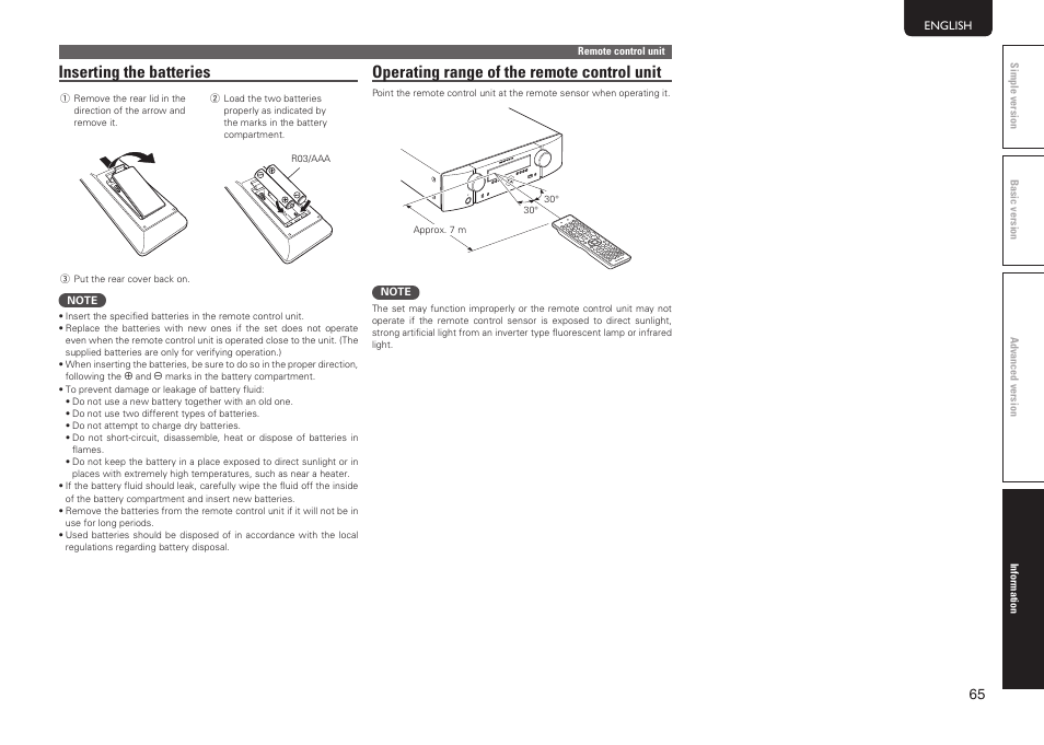 Operating range of the remote control unit, Inserting the batteries | Marantz NR1601 User Manual | Page 71 / 88