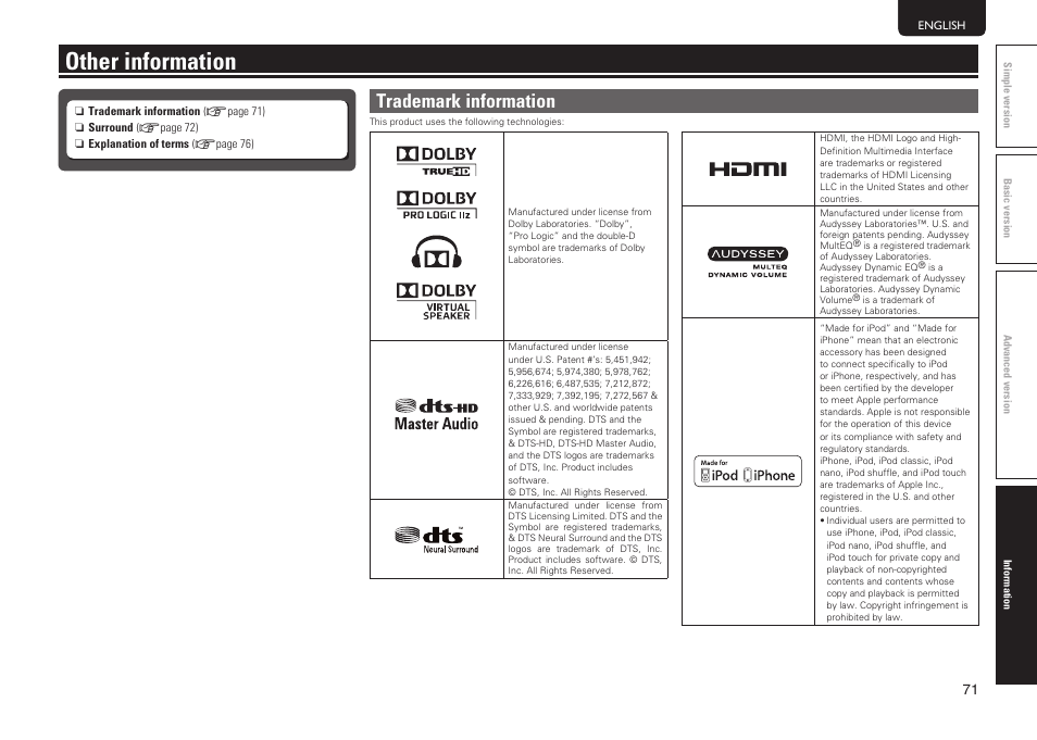 Other information, Trademark information | Marantz SR5005 User Manual | Page 77 / 92