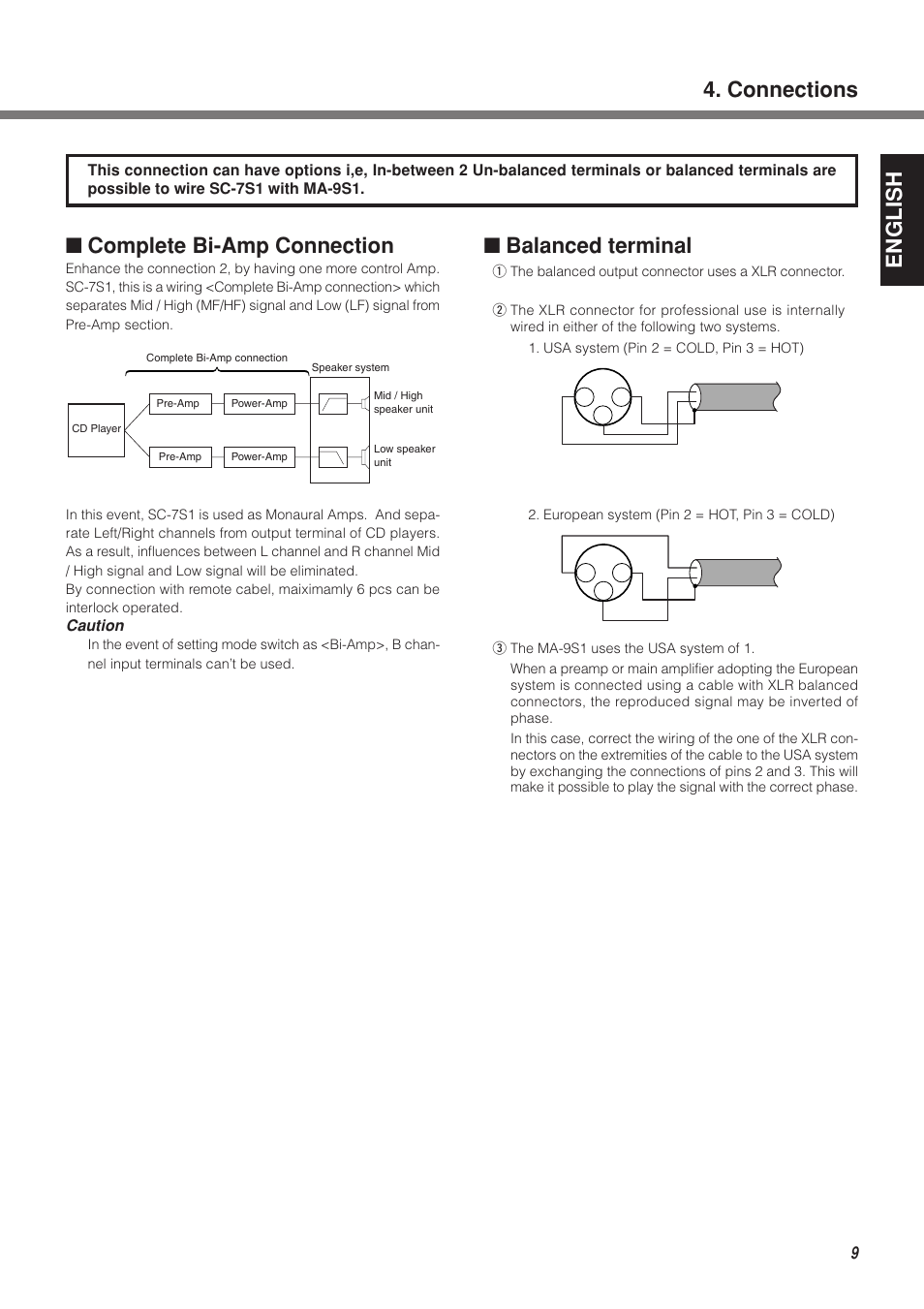 English ■ complete bi-amp connection, Balanced terminal, Connections | Marantz MA-9S1N User Manual | Page 13 / 47