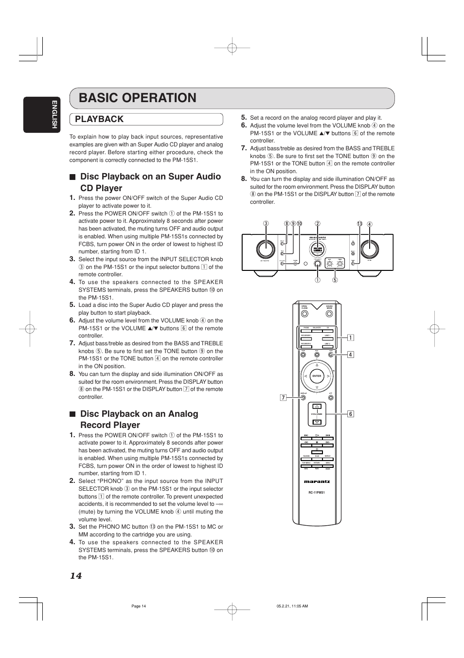 Basic operation, Playback, 77 disc playback on an super audio cd player | 77 disc playback on an analog record player | Marantz PM-15S1 User Manual | Page 19 / 29