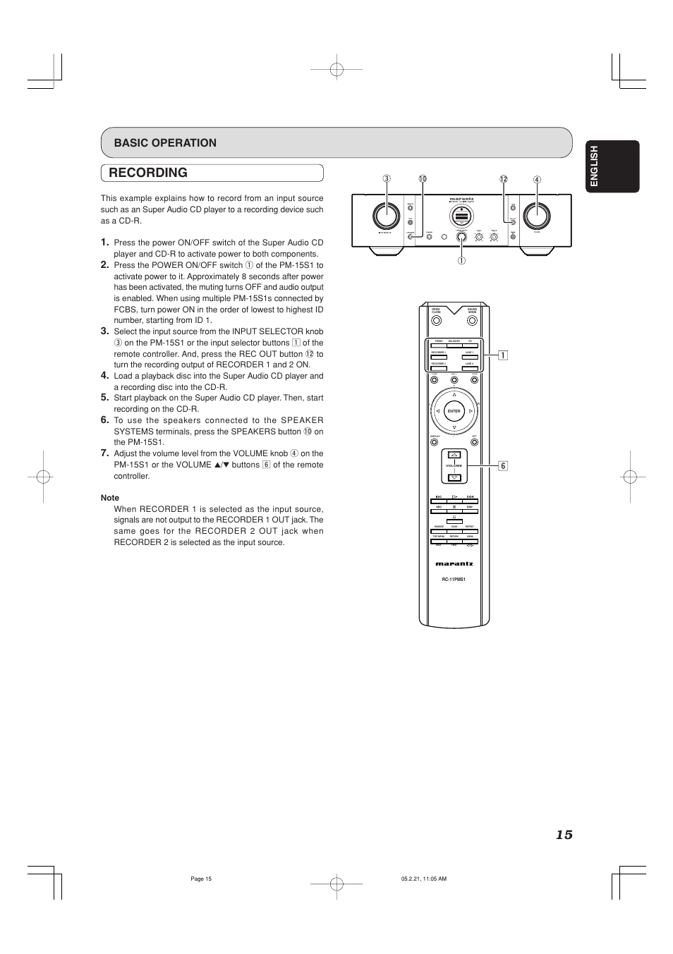 Recording, Basic operation, English | Marantz PM-15S1 User Manual | Page 20 / 29