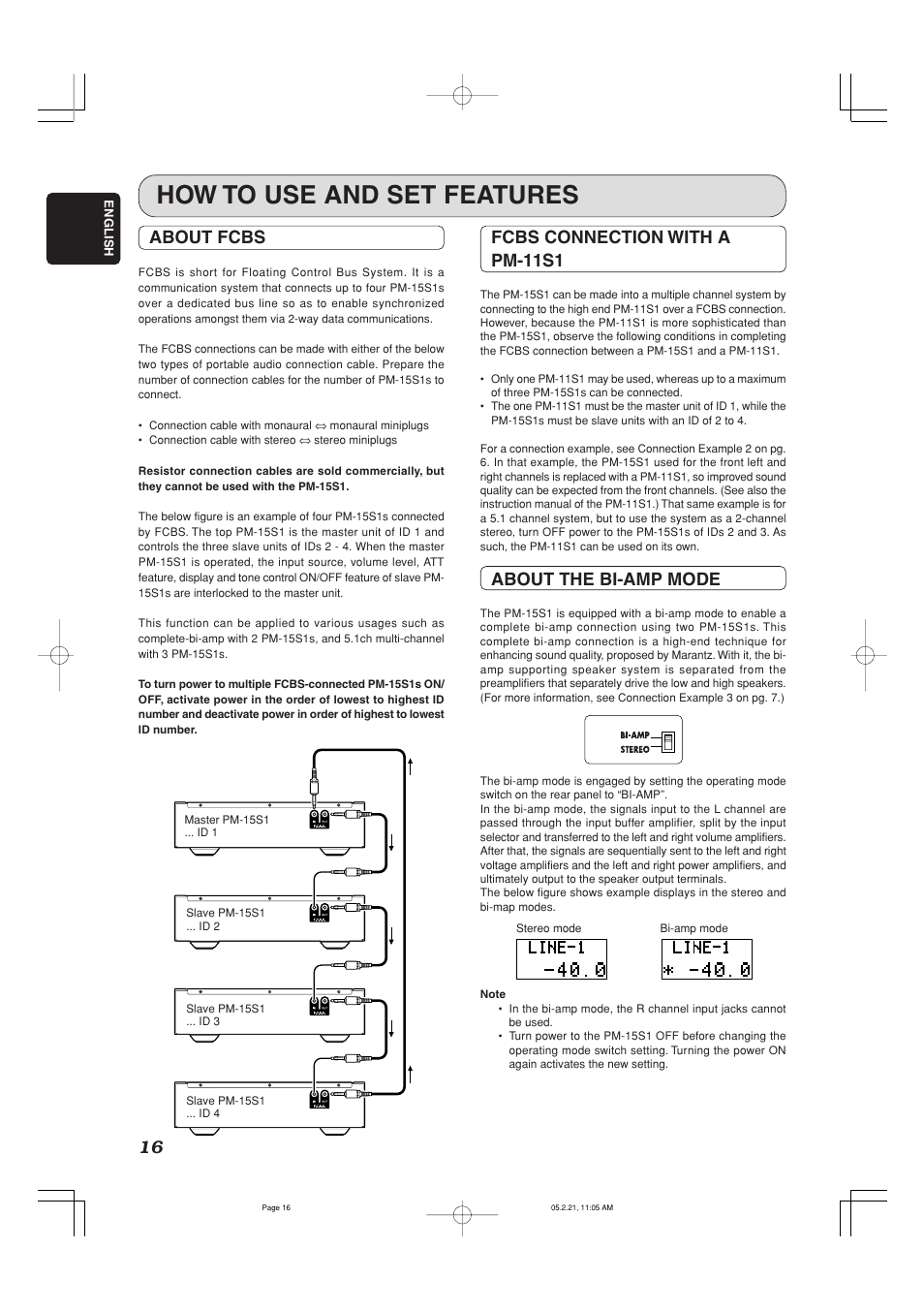 How to use and set features, About fcbs, Fcbs connection with a pm-11s1 | About the bi-amp mode | Marantz PM-15S1 User Manual | Page 21 / 29