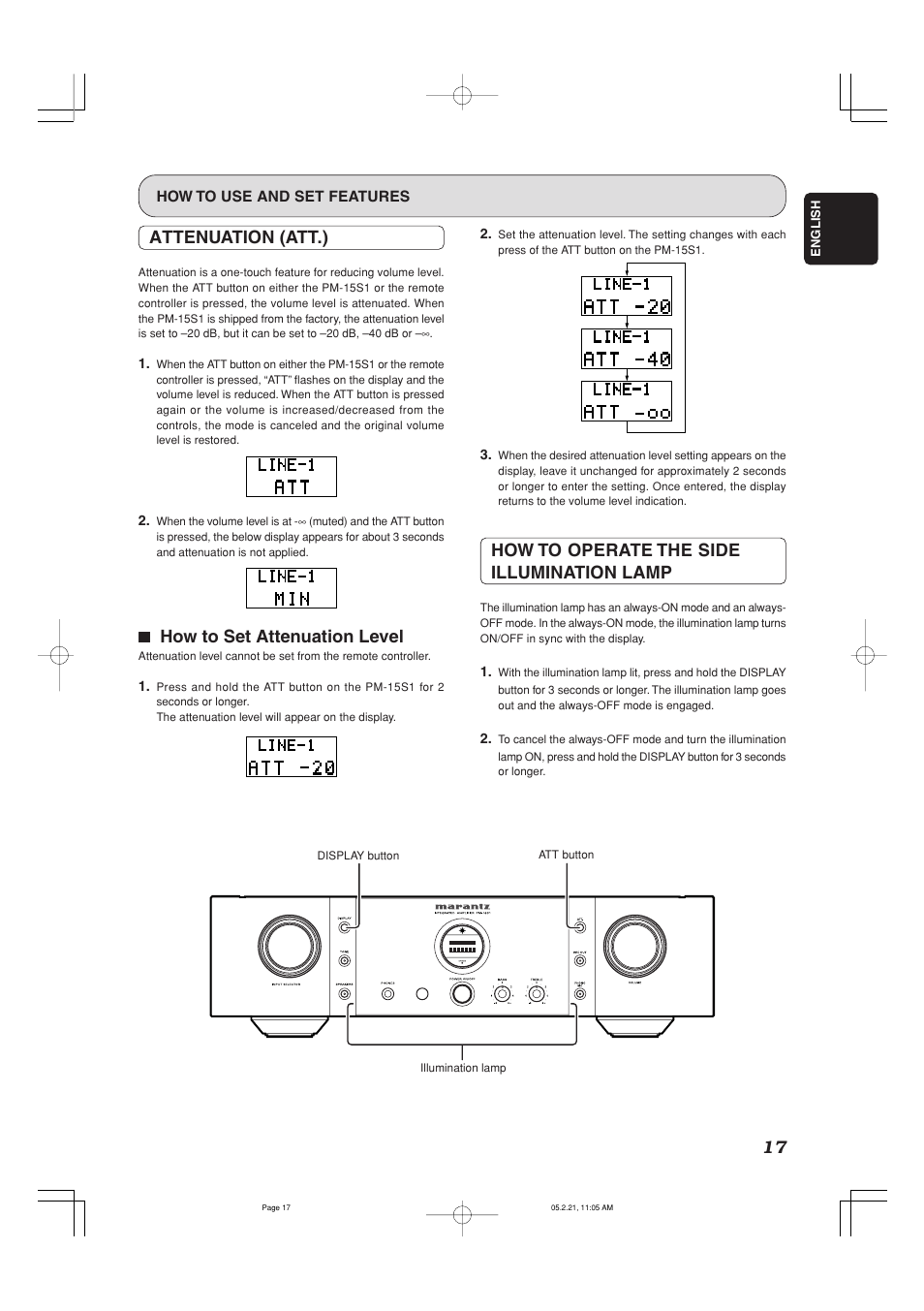 Attenuation (att.), 77 how to set attenuation level, How to operate the side illumination lamp | Marantz PM-15S1 User Manual | Page 22 / 29