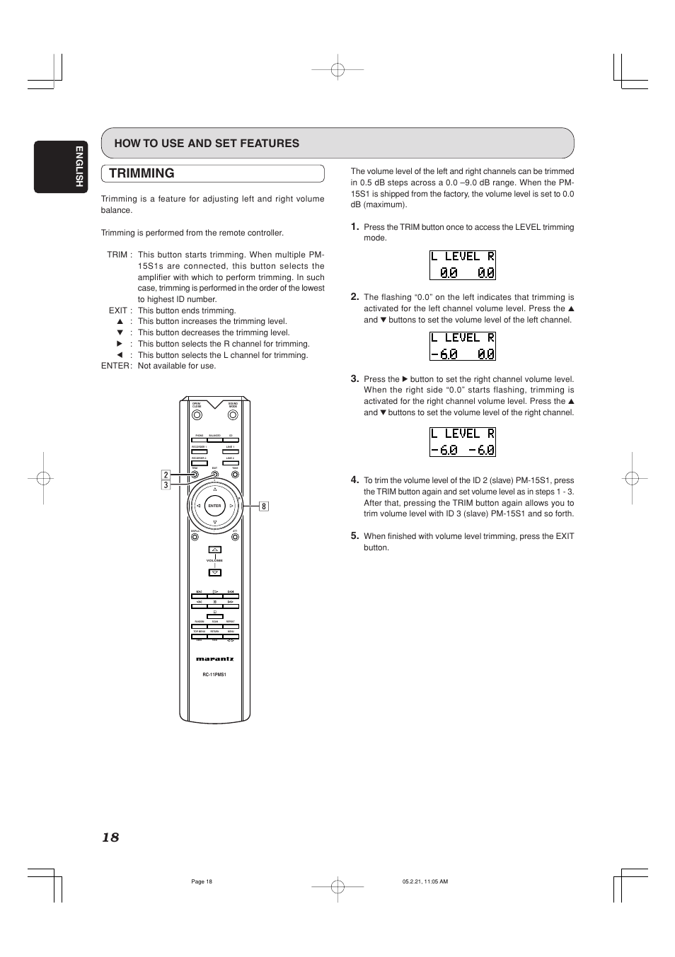 Trimming, How to use and set features, English | Marantz PM-15S1 User Manual | Page 23 / 29