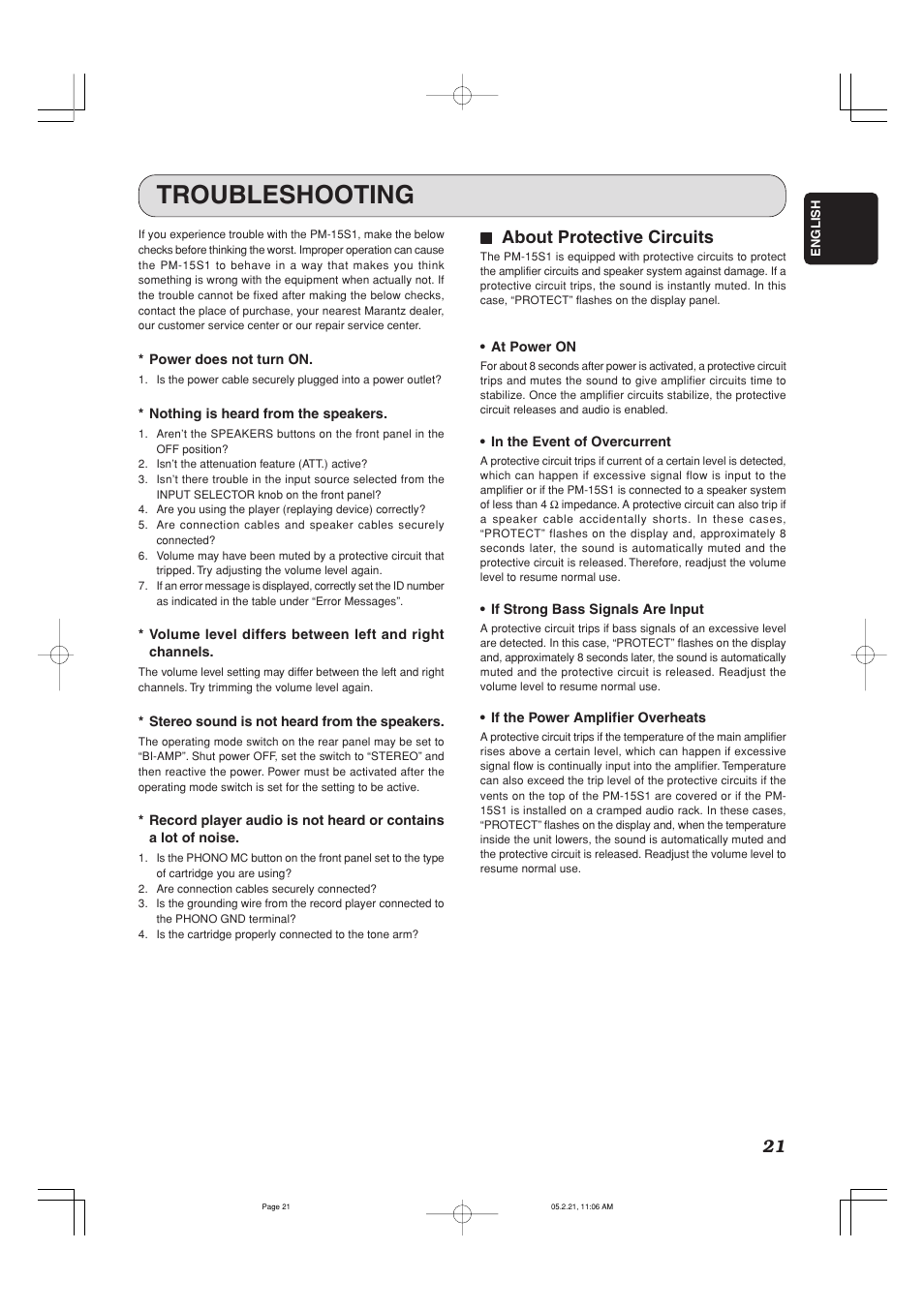 Troubleshooting, 77 about protective circuits | Marantz PM-15S1 User Manual | Page 26 / 29