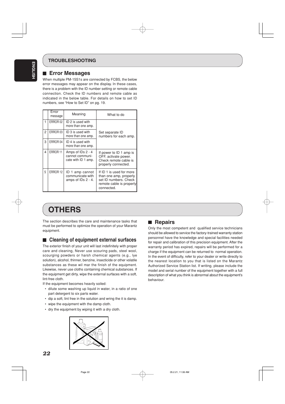 Others, 77 error messages, 77 cleaning of equipment external surfaces | 77 repairs | Marantz PM-15S1 User Manual | Page 27 / 29