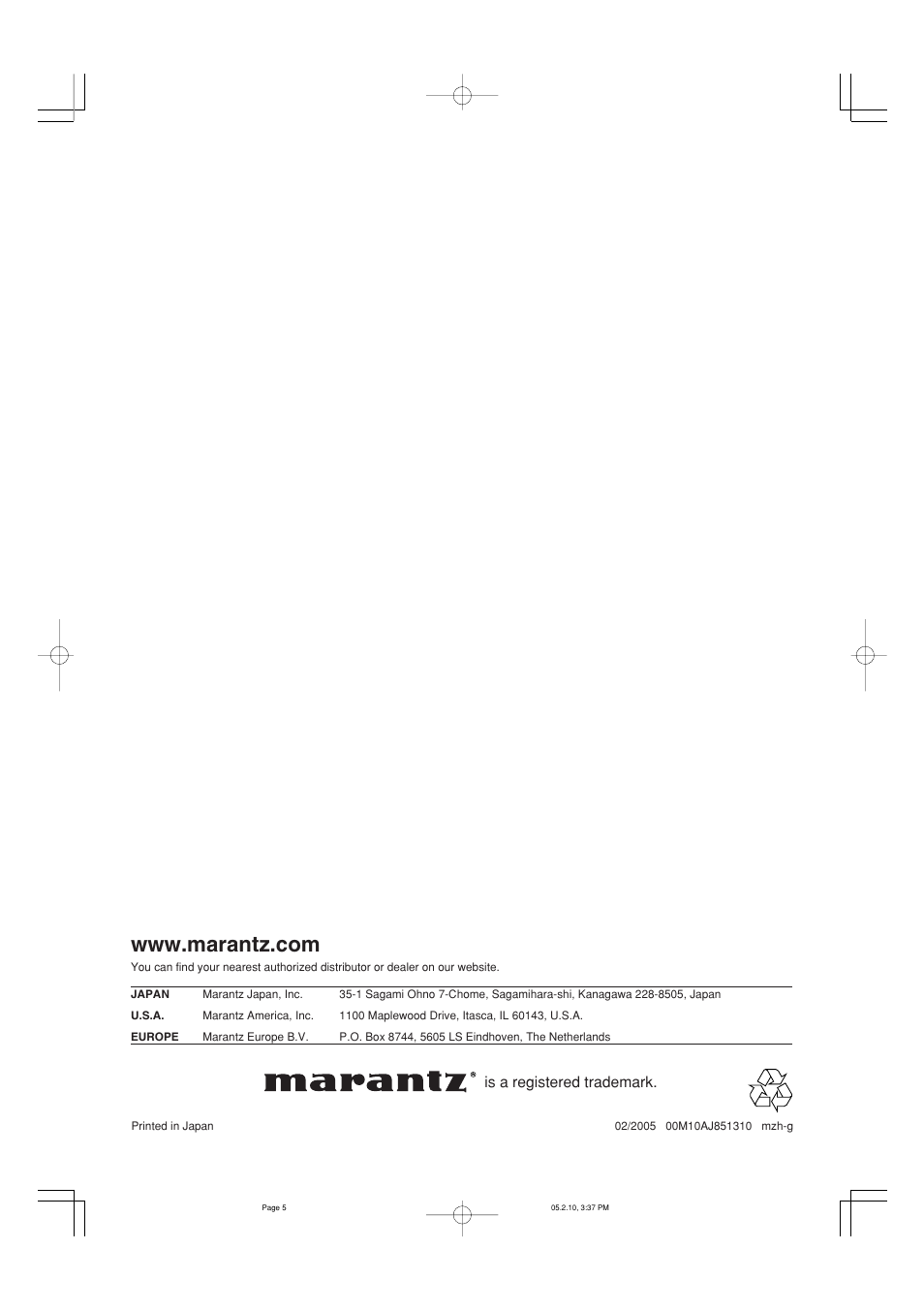 Is a registered trademark | Marantz PM-15S1 User Manual | Page 29 / 29