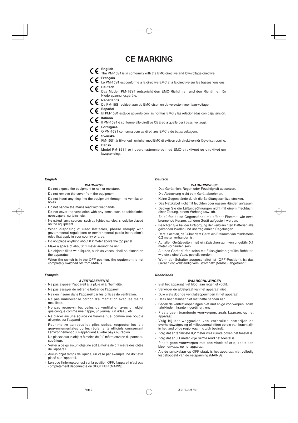 Ce marking | Marantz PM-15S1 User Manual | Page 3 / 29