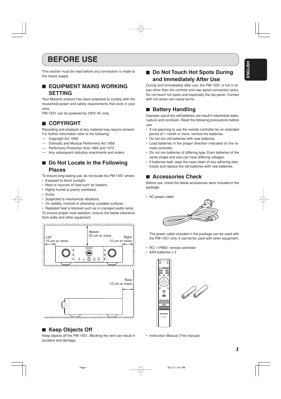 Before use, 77 equipment mains working setting, 77 copyright | 77 do not locate in the following places, 77 keep objects off, 77 battery handling, 77 accessories check | Marantz PM-15S1 User Manual | Page 6 / 29