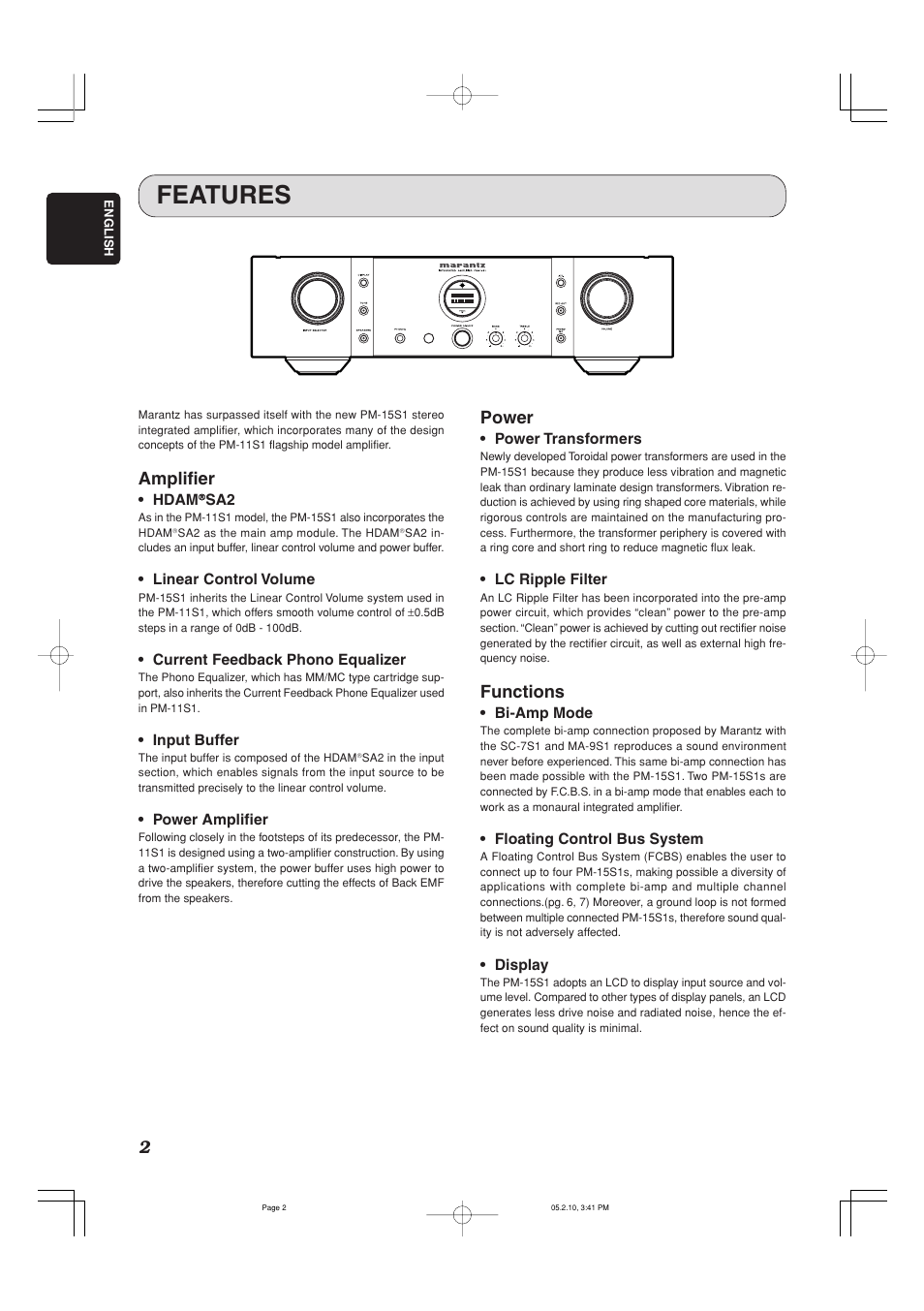 Features, Amplifier, Power | Functions | Marantz PM-15S1 User Manual | Page 7 / 29