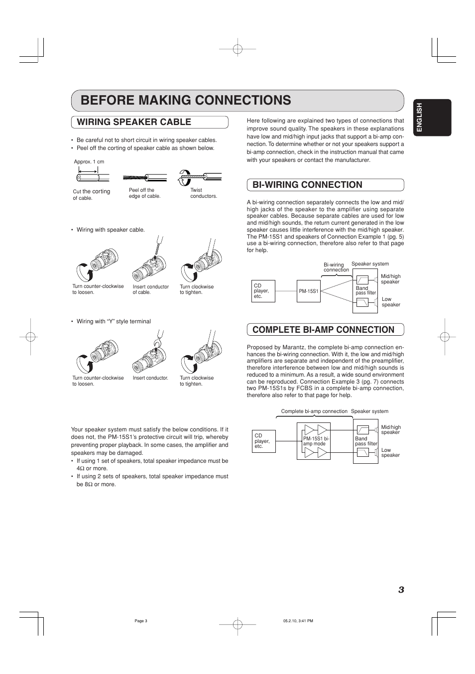 Before making connections, Wiring speaker cable, Bi-wiring connection | Complete bi-amp connection | Marantz PM-15S1 User Manual | Page 8 / 29