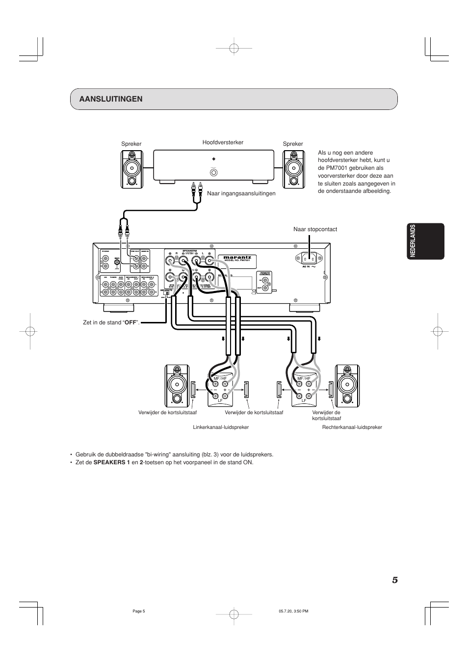 Aansluitingen, Power on/off, Nederlands | Verwijder de kortsluitstaaf | Marantz PM7001 User Manual | Page 7 / 17