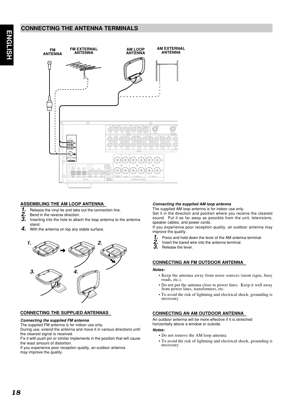 18 english, Connecting the antenna terminals, Assembling the am loop antenna | Connecting the supplied antennas, Connecting an fm outdoor antenna, Connecting the supplied fm antenna, Connecting the supplied am loop antenna, Bend in the reverse direction, With the antenna on top any stable surface, Insert the bared wire into the antenna terminal | Marantz SR4300N User Manual | Page 21 / 46