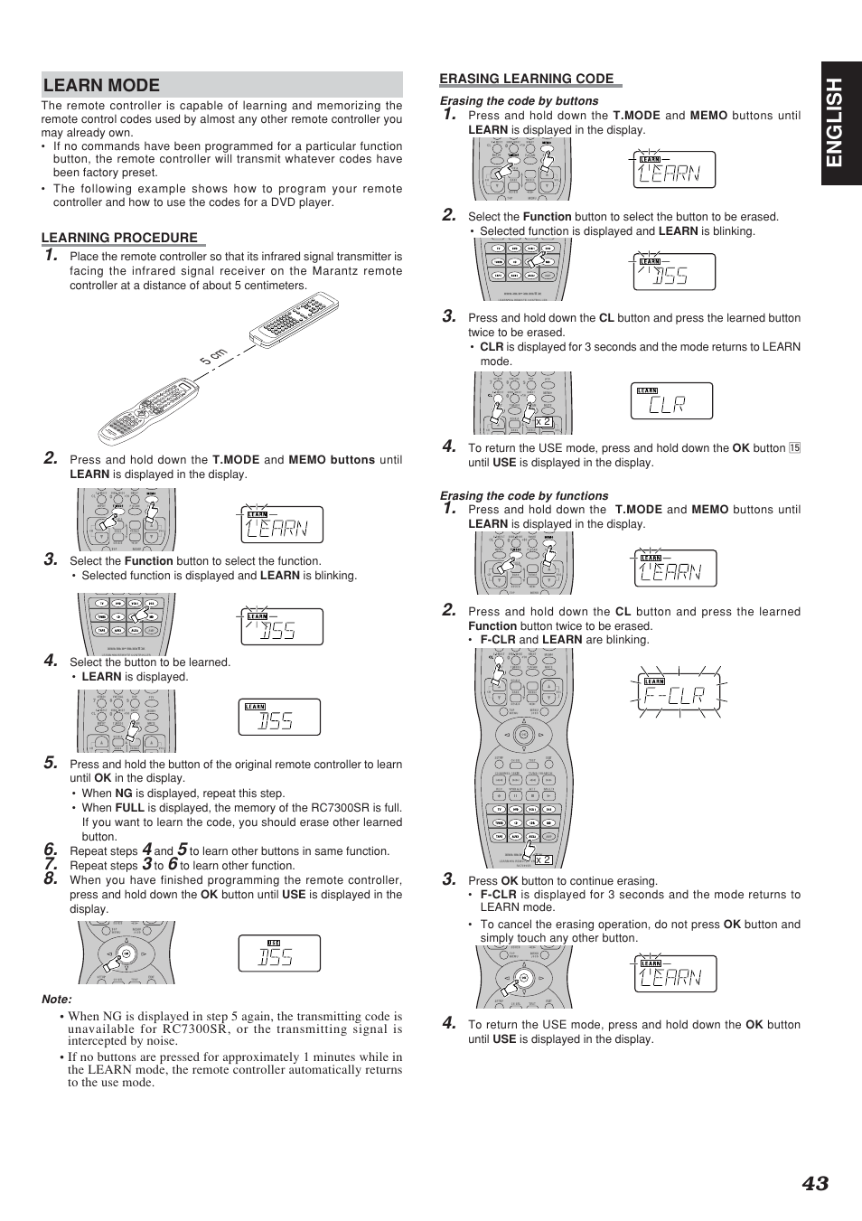 43 english, Learn mode | Marantz SR7300N User Manual | Page 46 / 54