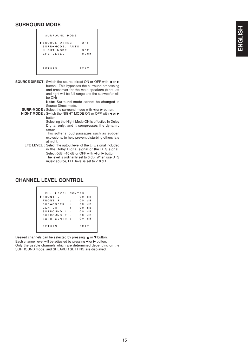 English, Surround mode, Channel level control | Marantz SR6200N User Manual | Page 21 / 32