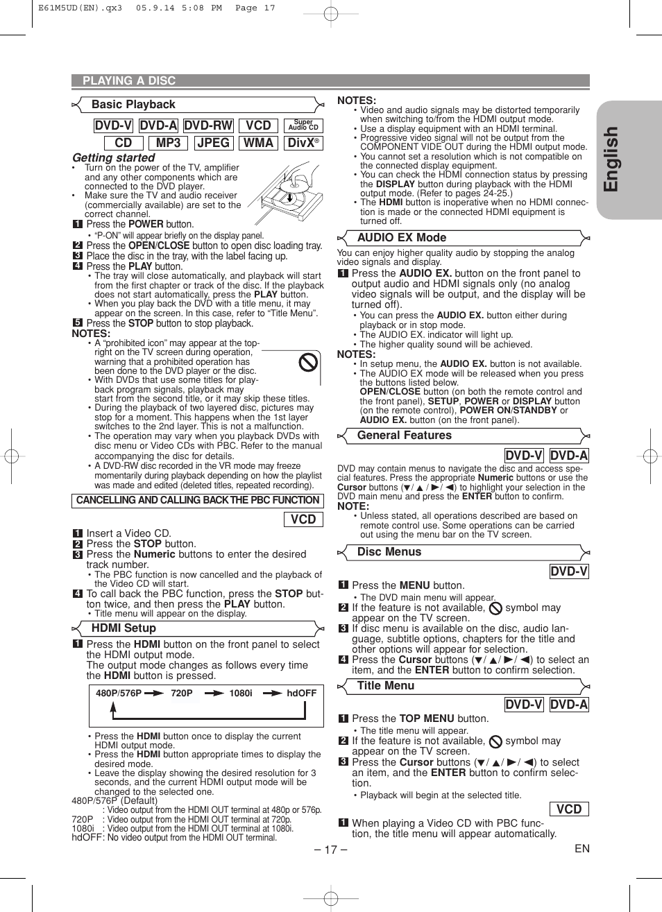 English, Divx, Wma jpeg mp3 cd | Vcd dvd-rw dvd-a dvd-v, Dvd-v, Dvd-a dvd-v | Marantz DV6600 User Manual | Page 17 / 36