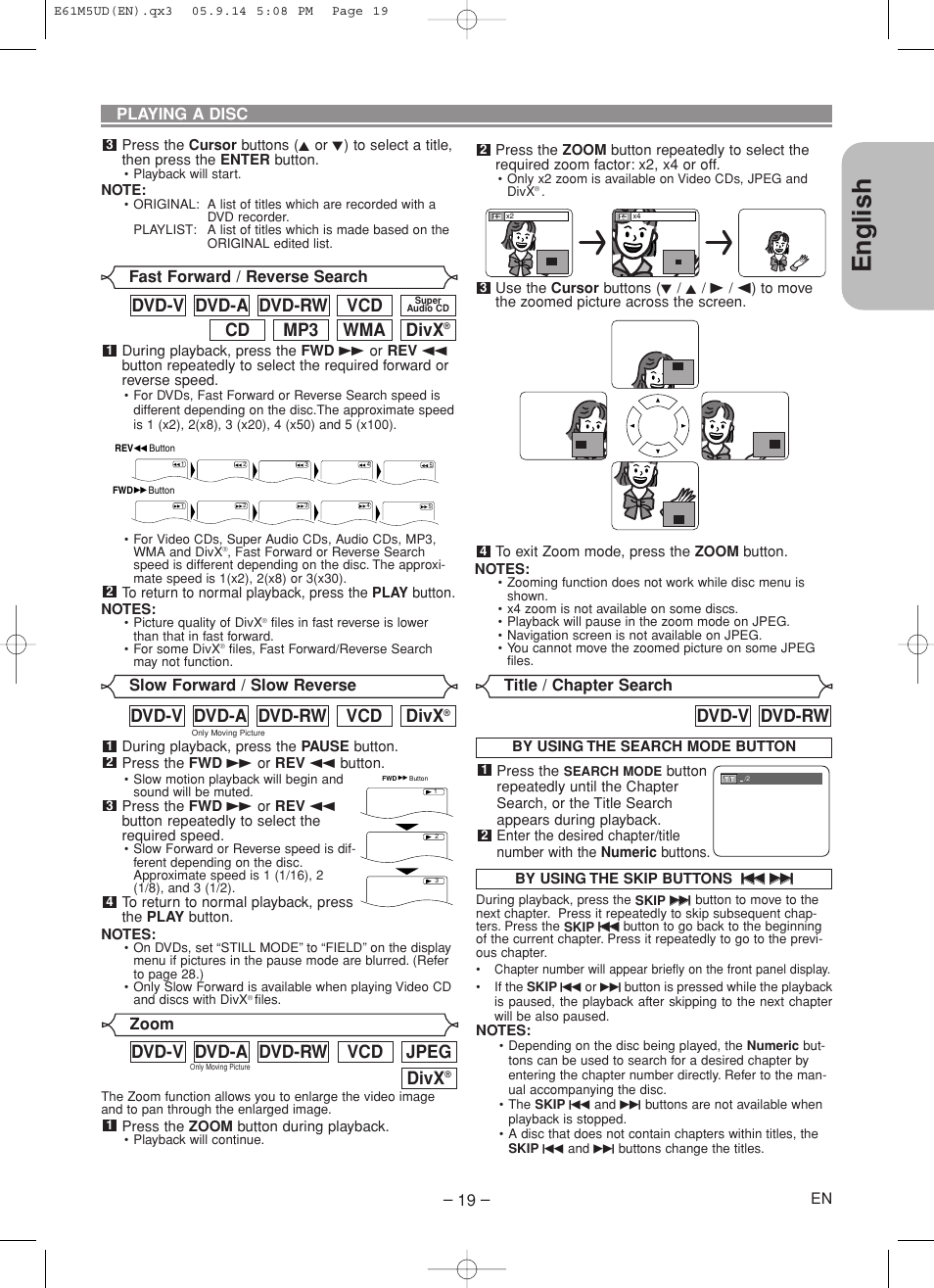 English, Divx, Wma mp3 cd | Vcd dvd-rw dvd-a dvd-v, Jpeg vcd dvd-rw dvd-a dvd-v, Dvd-rw dvd-v | Marantz DV6600 User Manual | Page 19 / 36