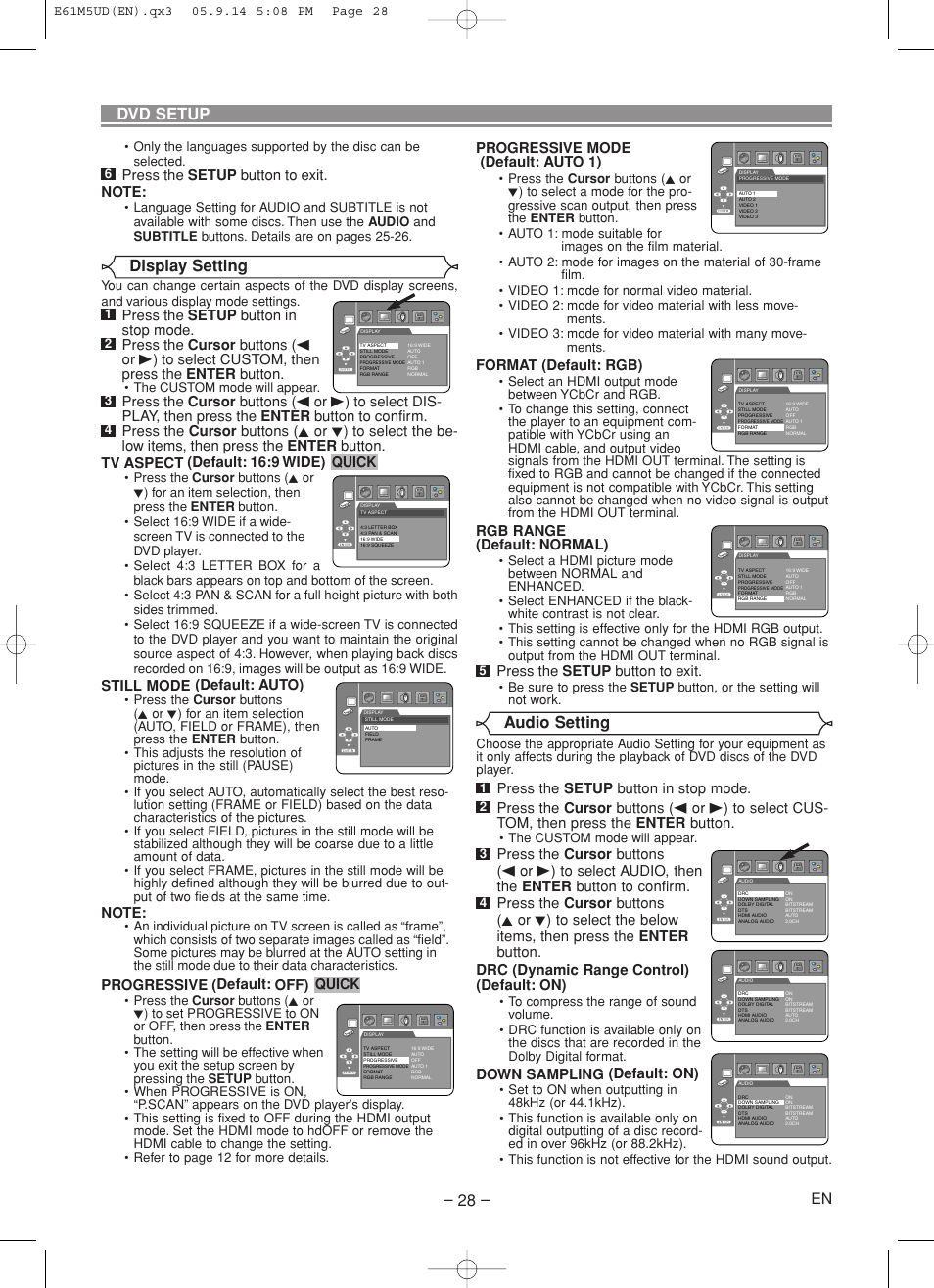 Display setting, Dvd setup, Audio setting | Marantz DV6600 User Manual | Page 28 / 36