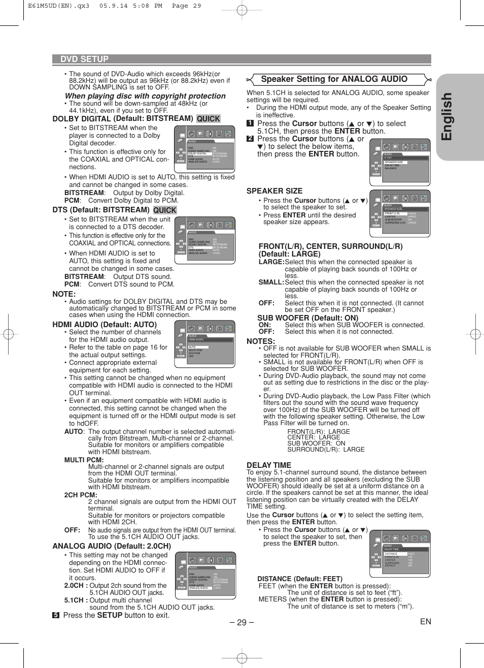 English, Dvd setup, Speaker setting for analog audio | Marantz DV6600 User Manual | Page 29 / 36