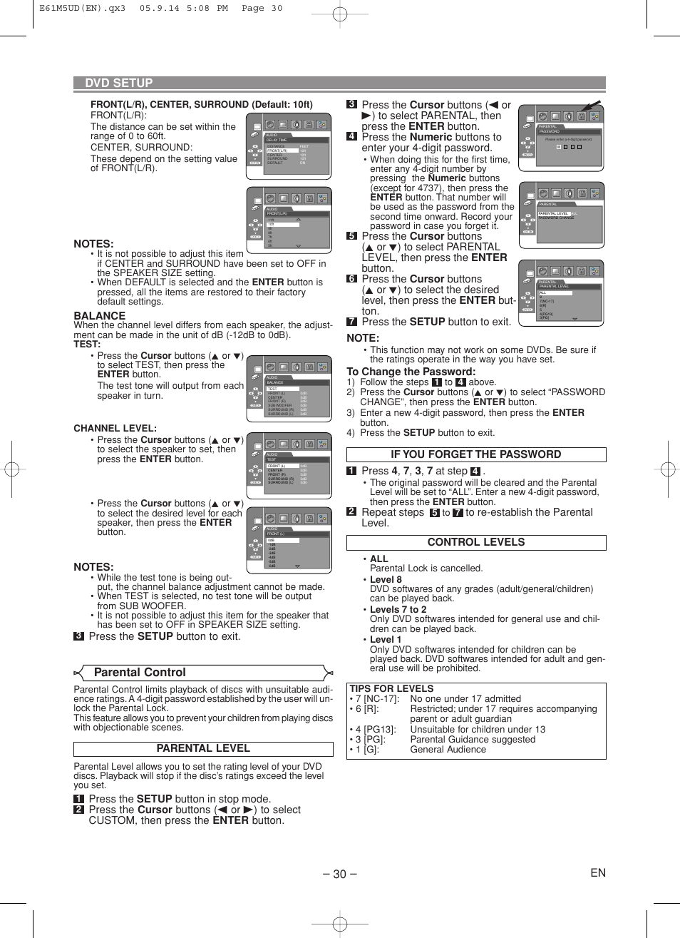 Parental control, Dvd setup, Repeat steps | Parental level, Balance, Press the setup button to exit | Marantz DV6600 User Manual | Page 30 / 36