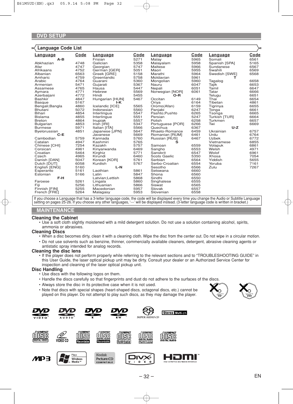Dvd setup, Maintenance, Cleaning the cabinet | Cleaning discs, Cleaning the disc lens, Disc handling, Anguage code list | Marantz DV6600 User Manual | Page 32 / 36