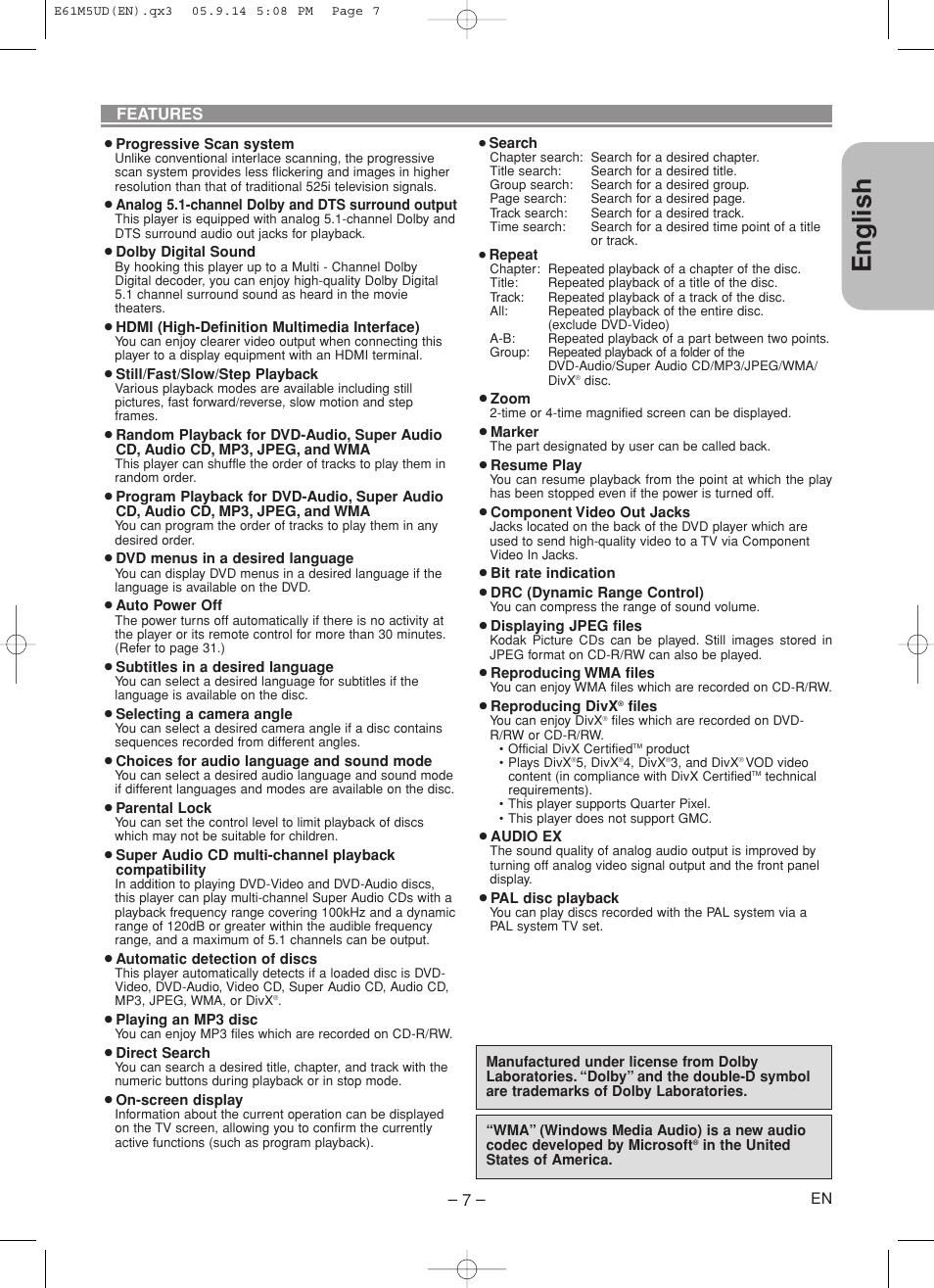 English | Marantz DV6600 User Manual | Page 7 / 36