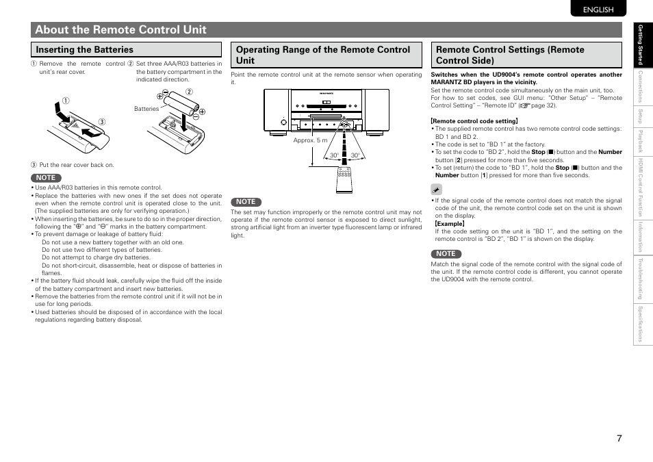 About the remote control unit, Inserting the batteries, Operating range of the remote control unit | Remote control settings (remote control side) | Marantz UD9004 User Manual | Page 11 / 73