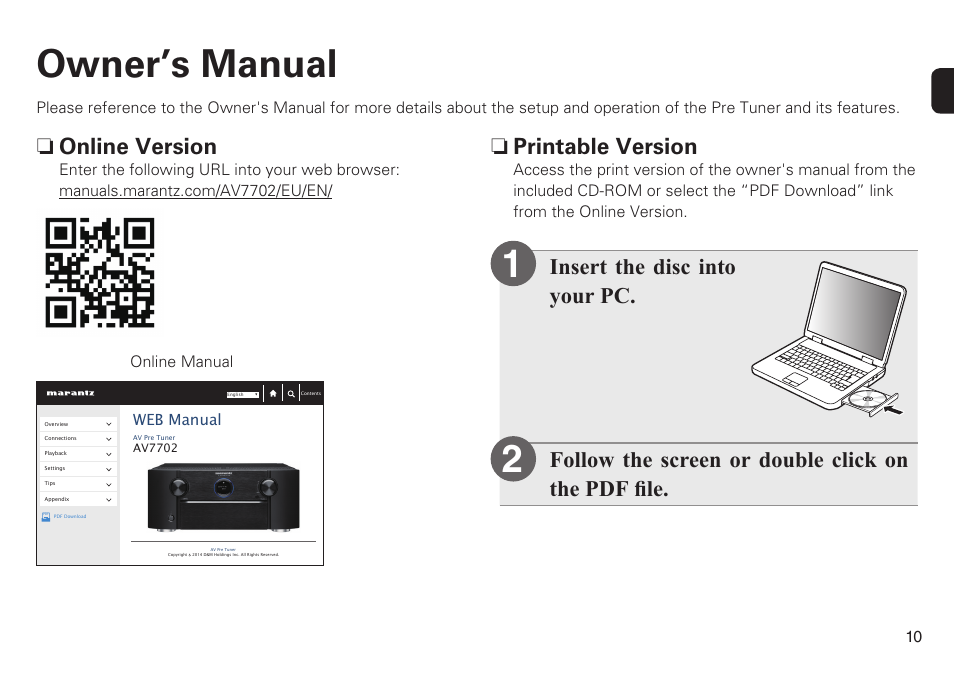 12 owner’s manual, N printable version, N online version | Marantz AV7702 Quick Start User Manual | Page 11 / 12
