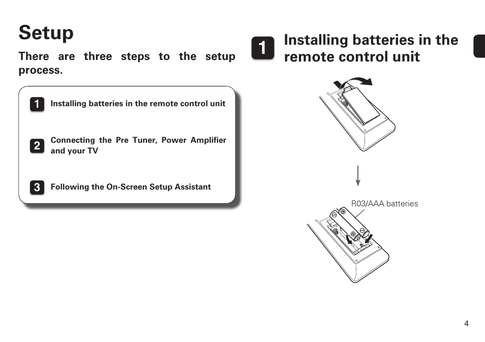 Setup, Installing batteries in the remote control unit | Marantz AV7702 Quick Start User Manual | Page 5 / 12