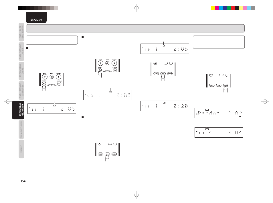 Advanced operations –audio cd, Repeat play (playing the same tracks repeatedly), Random play (playing tracks in a random sequence) | 7 playing one track repeatedly (1-track repeat), 7 playing a specifi c part repeatedly (a-b repeat) | Marantz CD5003 User Manual | Page 17 / 38