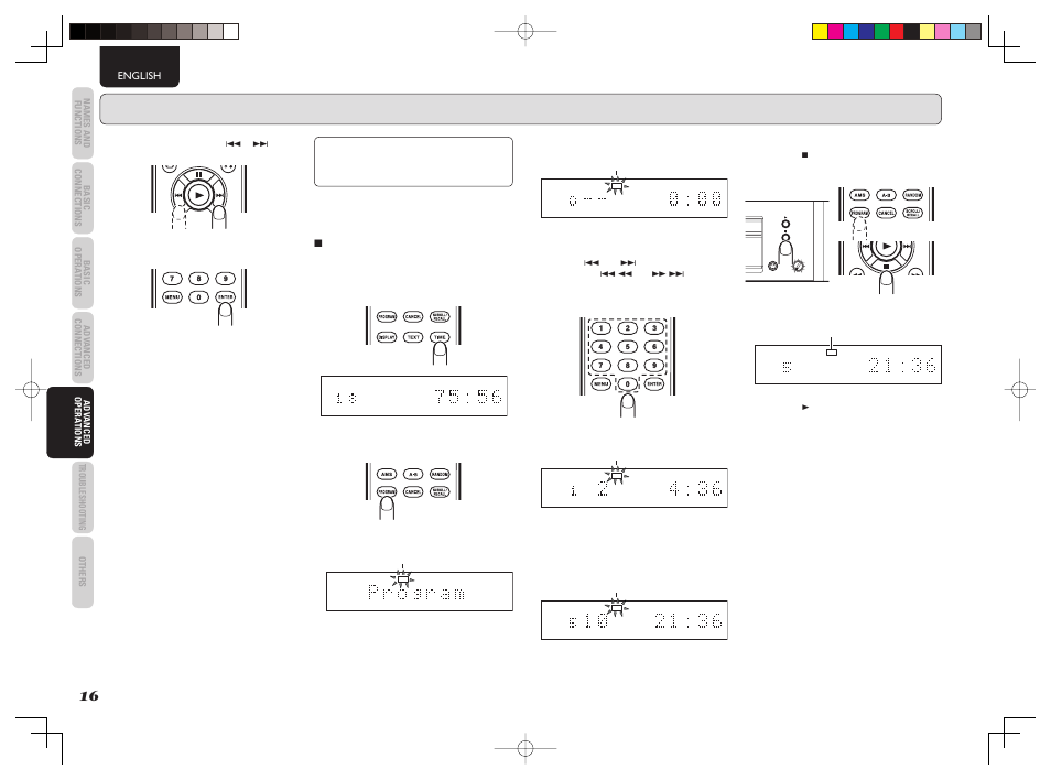 Phones + - level, Advanced operations –audio cd, 7 program play in the time display mode | Marantz CD5003 User Manual | Page 19 / 38