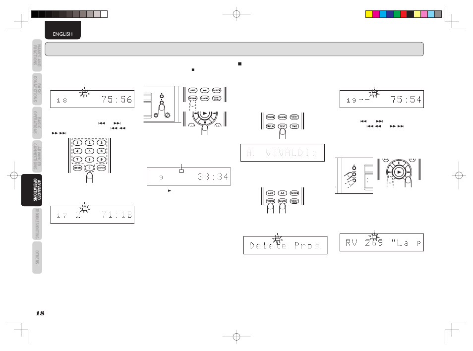 Phones + - level, Display off mp3/wm by, Advanced operations –audio cd | 7 delete program play in the text display mode | Marantz CD5003 User Manual | Page 21 / 38